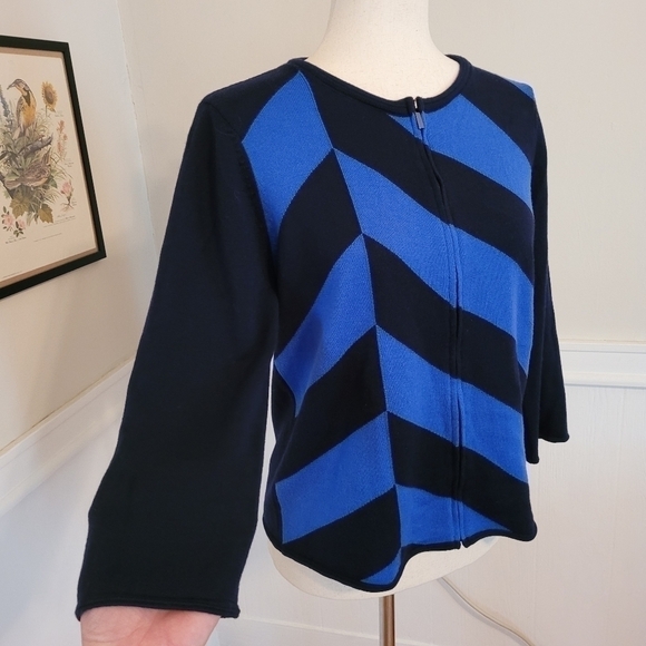 St. John 100% Wool Knit Zip Up Sweater Blue Geometric Coastal - Picture 3 of 12